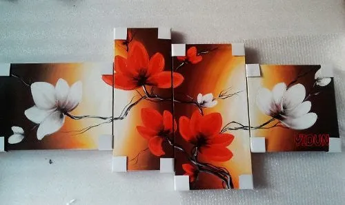 100% HAND-PAINTED BEST-SELLING QUALITY GOODS WOOD FRAMED ON THE BACK FULL BLOOM IN SPRING RED FLOWERS HIGH Q. WALL DECOR LANDSCAPE OIL PAINTING ON CANVAS 4PCS/SET MIXORDE