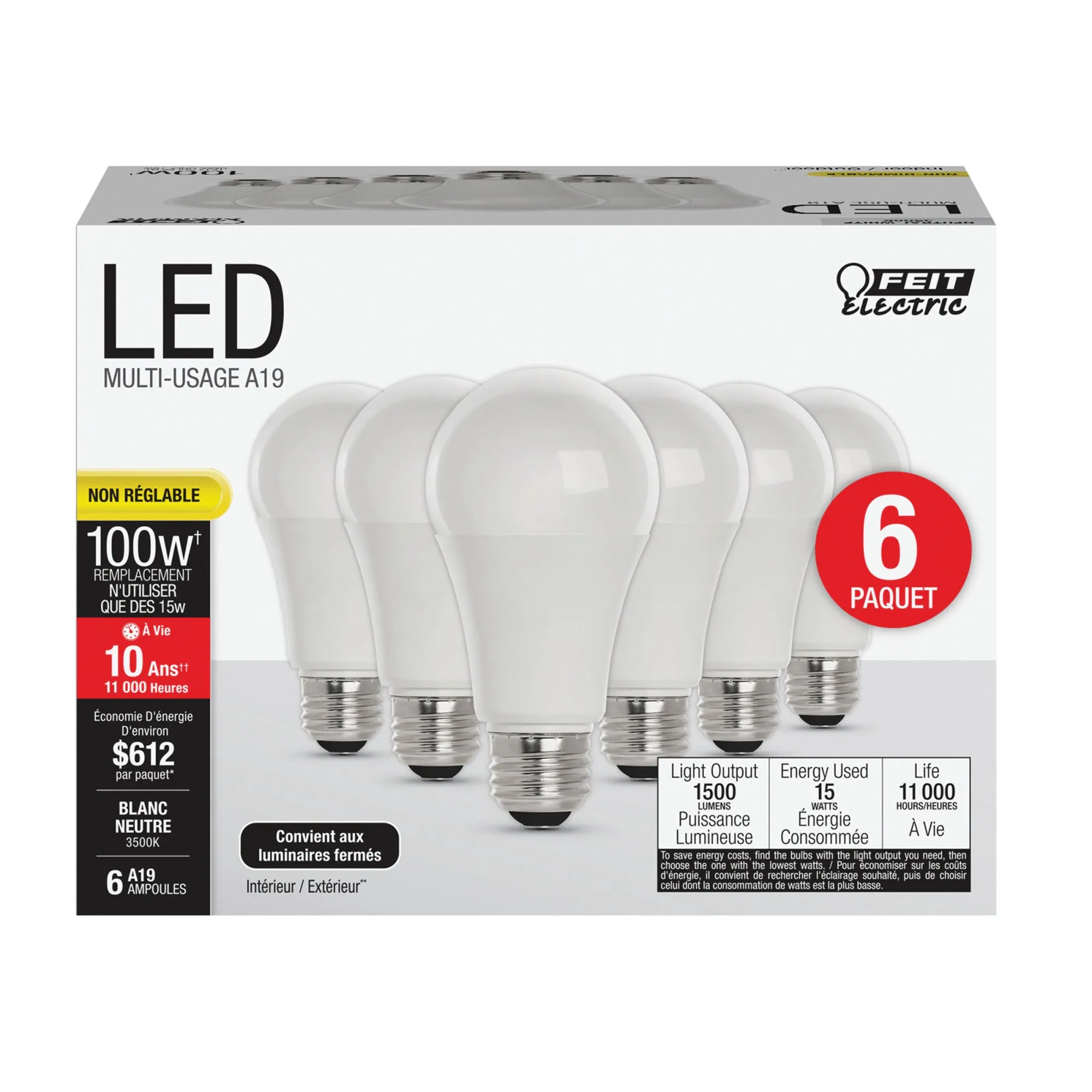 15W (100W Replacement) Neutral White (3500K) E26 Base A19 Non-Dimmable LED Light Bulb (6-Pack)