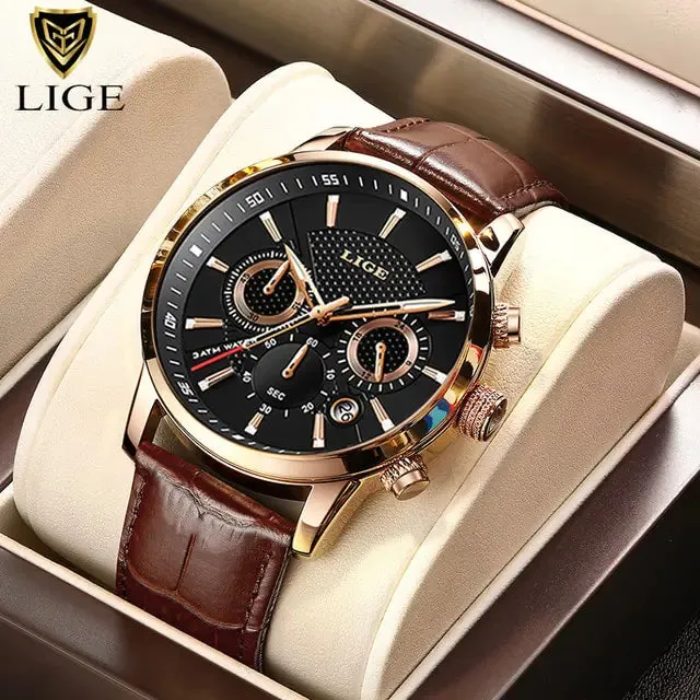 2023 New Mens Watches LIGE Top Brand Luxury Leather Casual Quartz - Vegan leather Imported