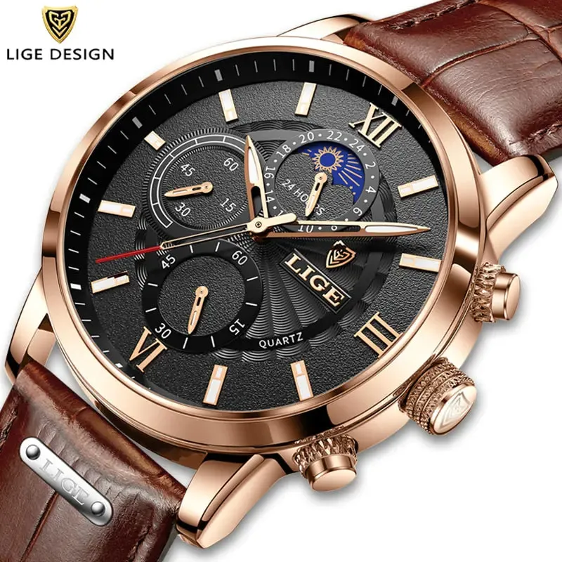 2023 New Mens Watches LIGE Top Brand Luxury Leather Casual Quartz - Vegan leather Imported