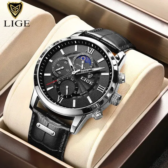 2023 New Mens Watches LIGE Top Brand Luxury Leather Casual Quartz - Vegan leather Imported