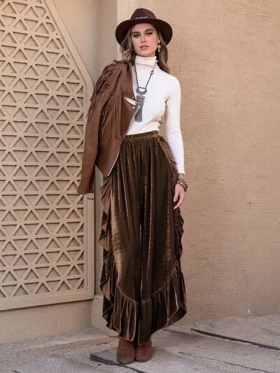 3 Boho Ruffle Wide Leg Slit Pants