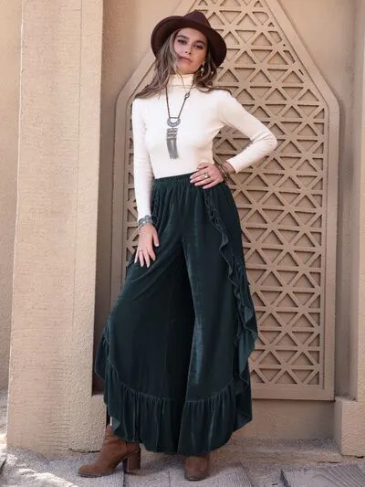 3 Boho Ruffle Wide Leg Slit Pants