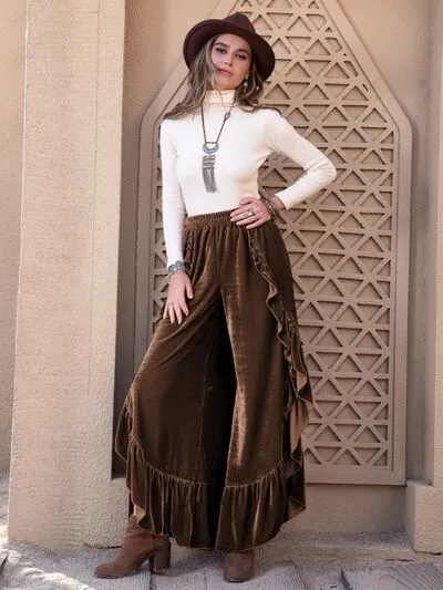 3 Boho Ruffle Wide Leg Slit Pants