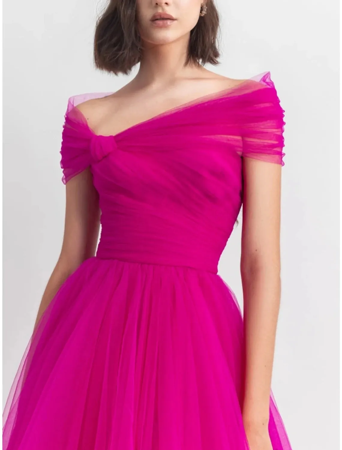 A-Line Evening Gown Party Dress Puffy Dress Formal Fall Ankle Length Short Sleeve Off Shoulder Tulle with Pleats Ruched