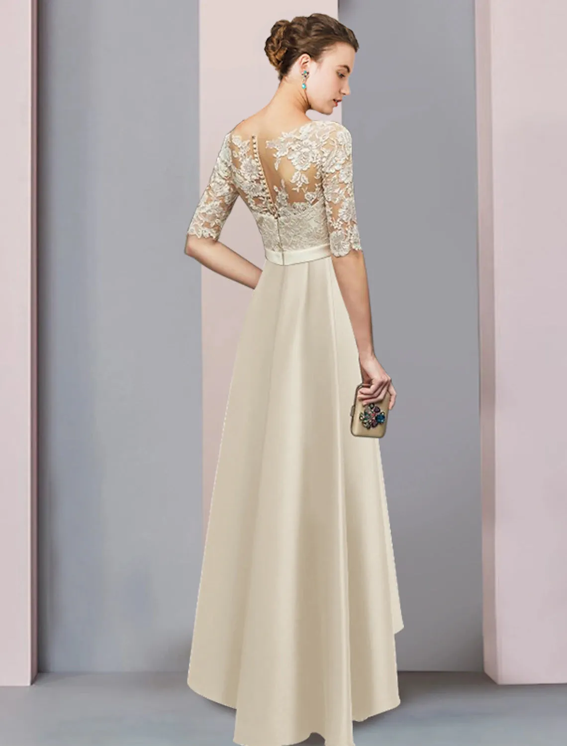 A-Line Mother of the Bride Dress Formal Wedding Guest Elegant High Low Scoop Neck Asymmetrical Tea Length Satin Lace Half Sleeve with Bow(s) Appliques