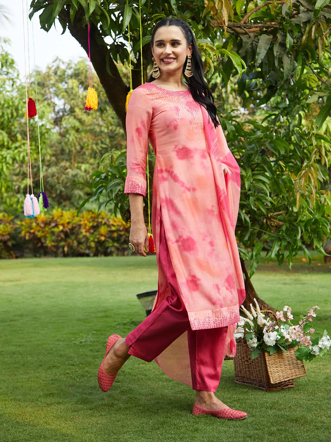 Abstract Printed & Embroidered Straight Kurta with Pants & Dupatta - Peach