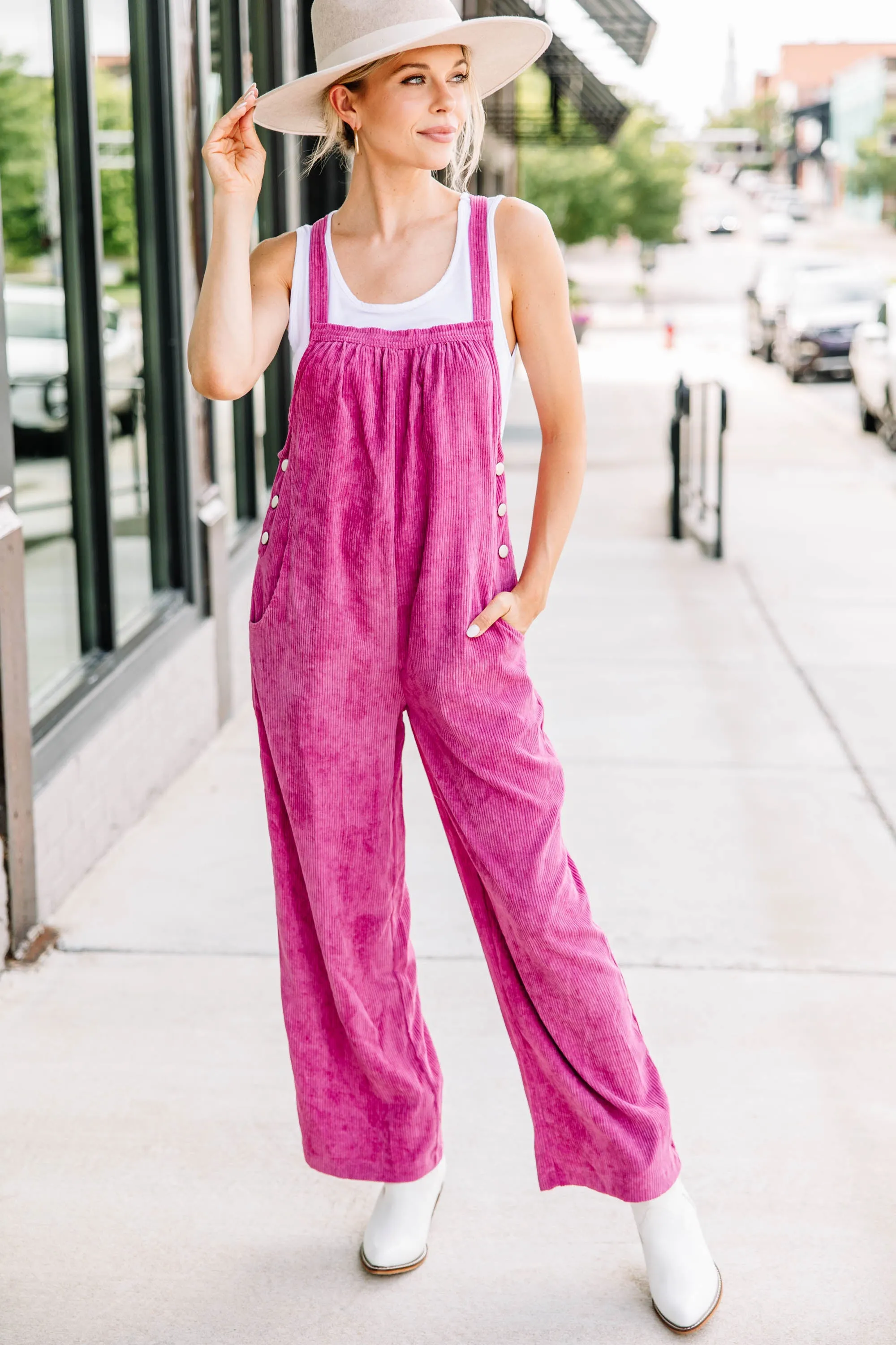 All Figured Out Orchid Purple Corduroy Jumpsuit