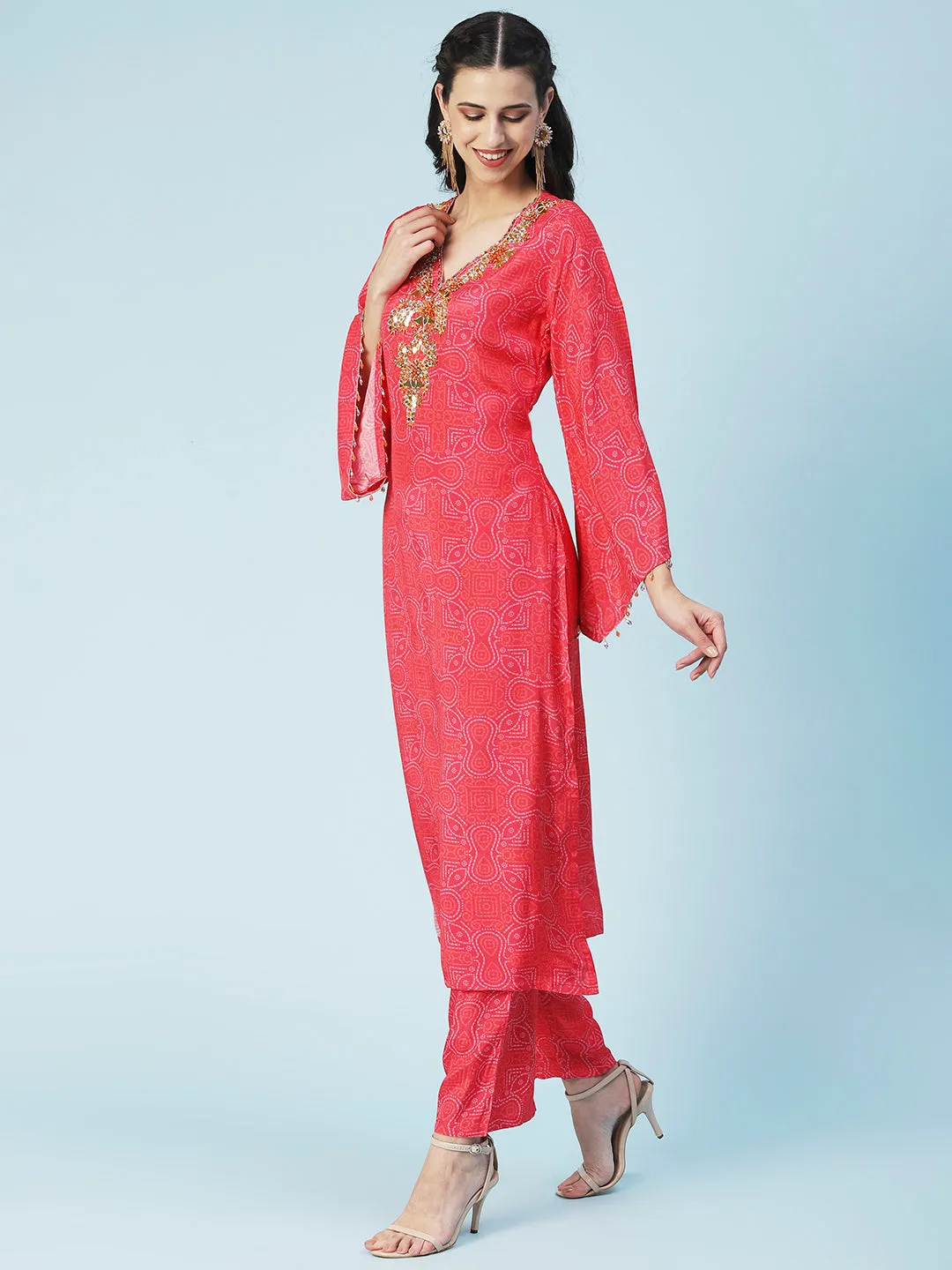 Bandhani Printed Mirror Embroidered Kurta With Pants - Red