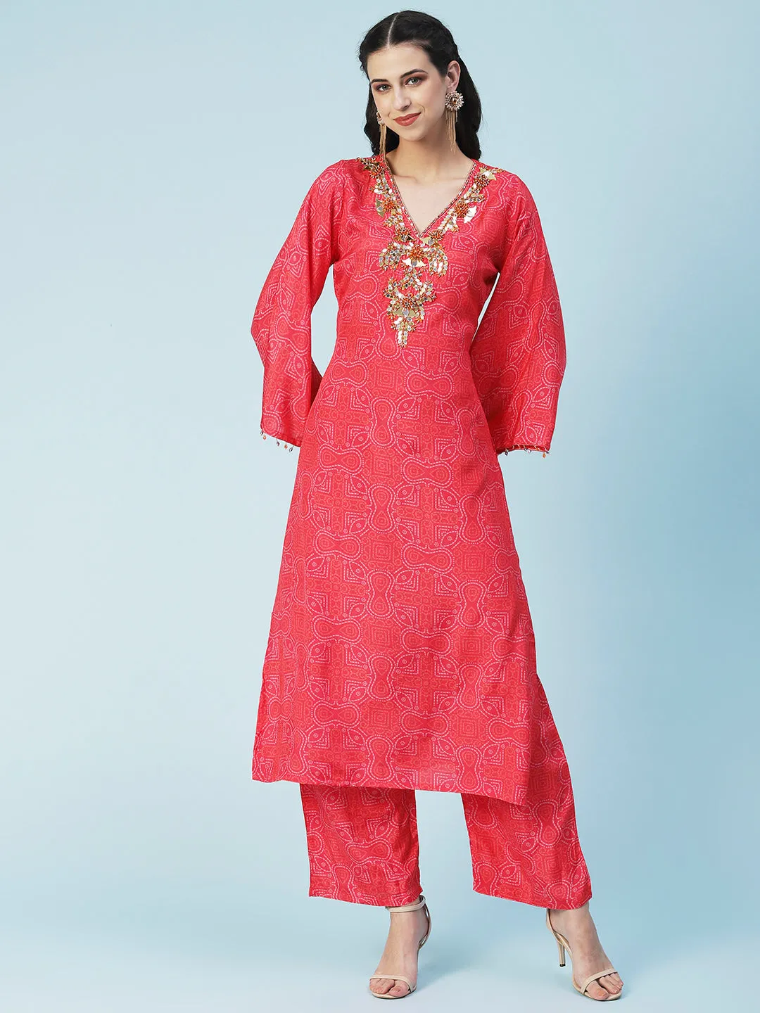 Bandhani Printed Mirror Embroidered Kurta With Pants - Red