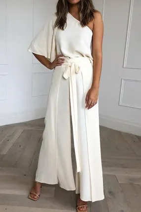 Bat One Shoulder Blouse Wide Leg Pants Set