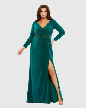 Beaded Belt Jersey Faux Wrap Long Sleeve Gown