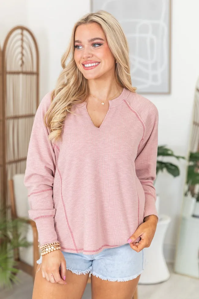 Believe In You Mauve Split V Neck Long Sleeve Top