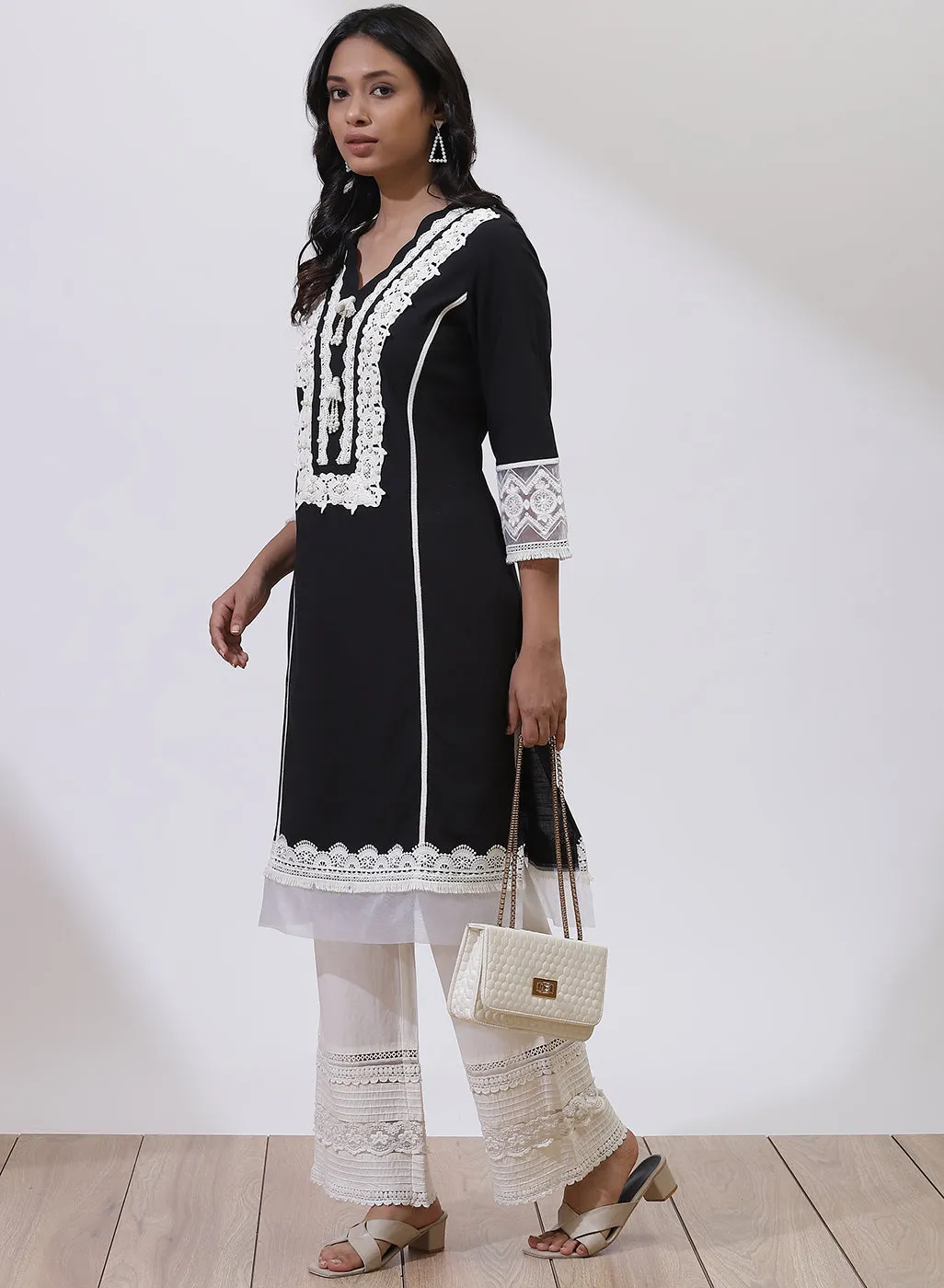 Black Alora Collection Kurta With Lace Detail