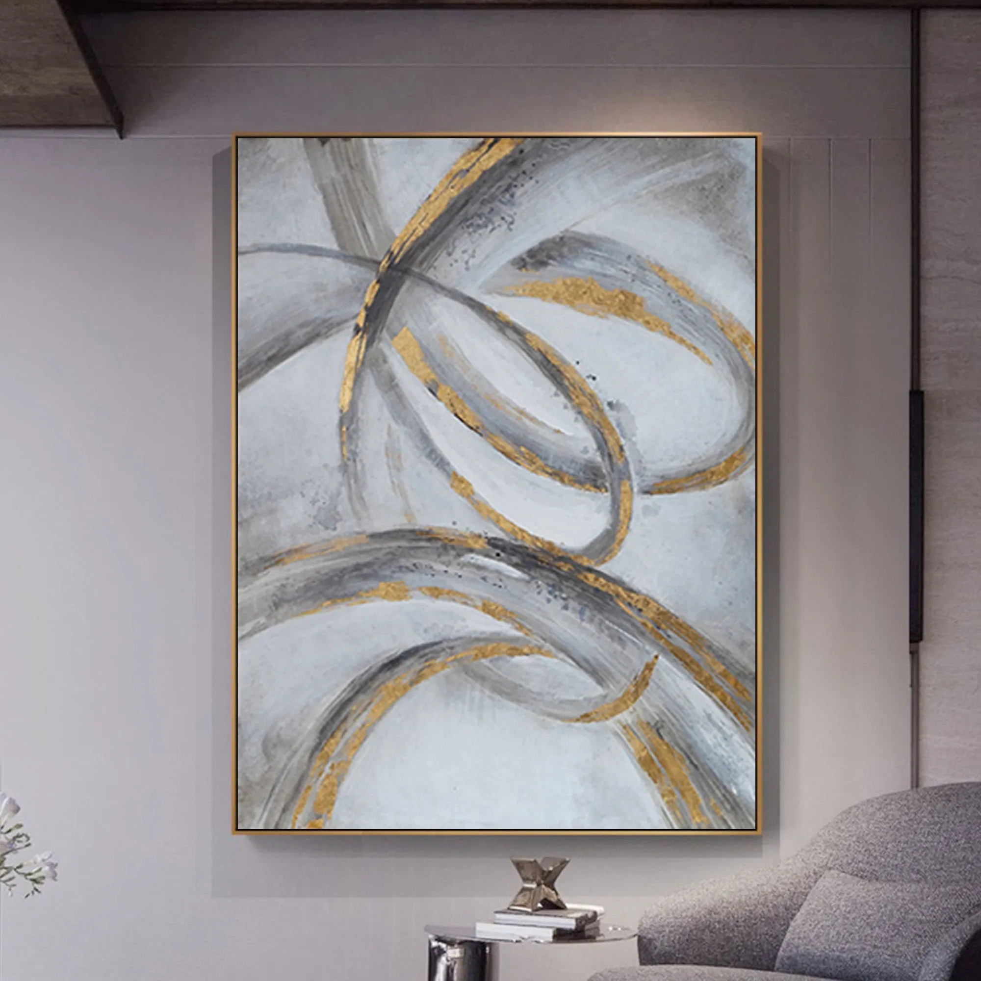 Black and Gold Wall Decor Grey Wall Painting Geometric Abstract Art Op068