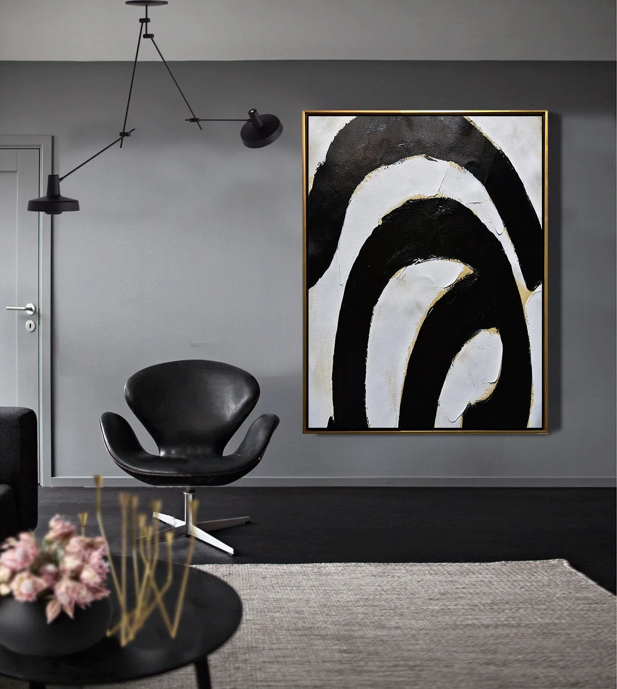 Black White Abstract Painting Minimalist Canvas Art Geometrical Art Yp072