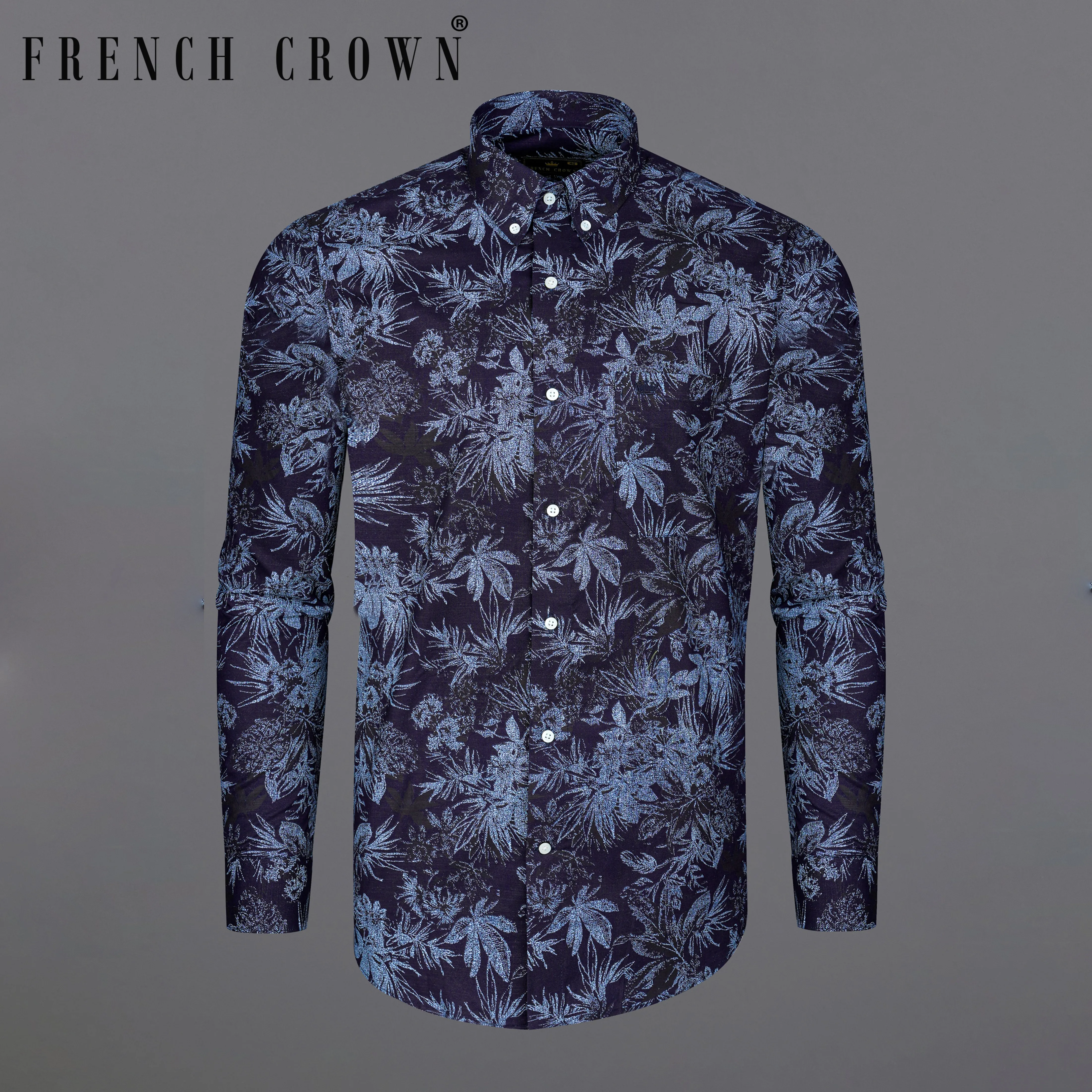 Blackcurrant Navy Blue with Ship Cove Blue Floral Chambray Textured Premium Cotton Shirt