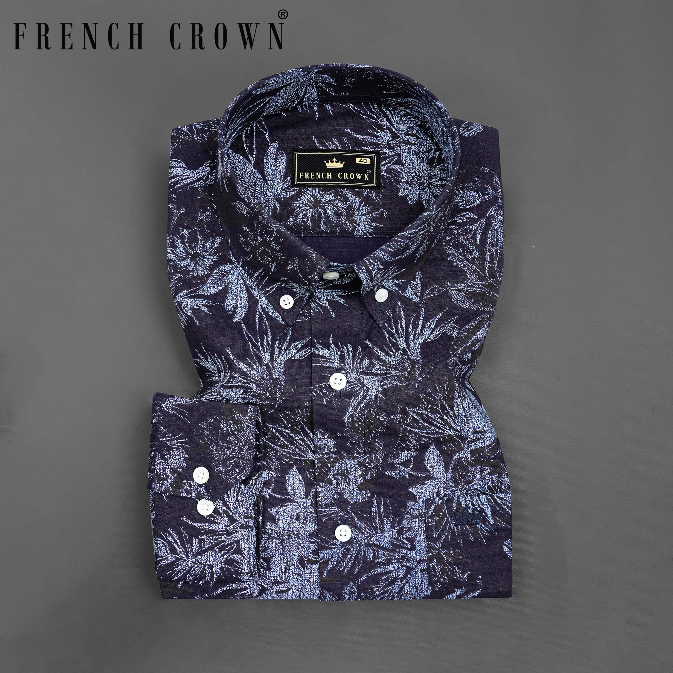 Blackcurrant Navy Blue with Ship Cove Blue Floral Chambray Textured Premium Cotton Shirt