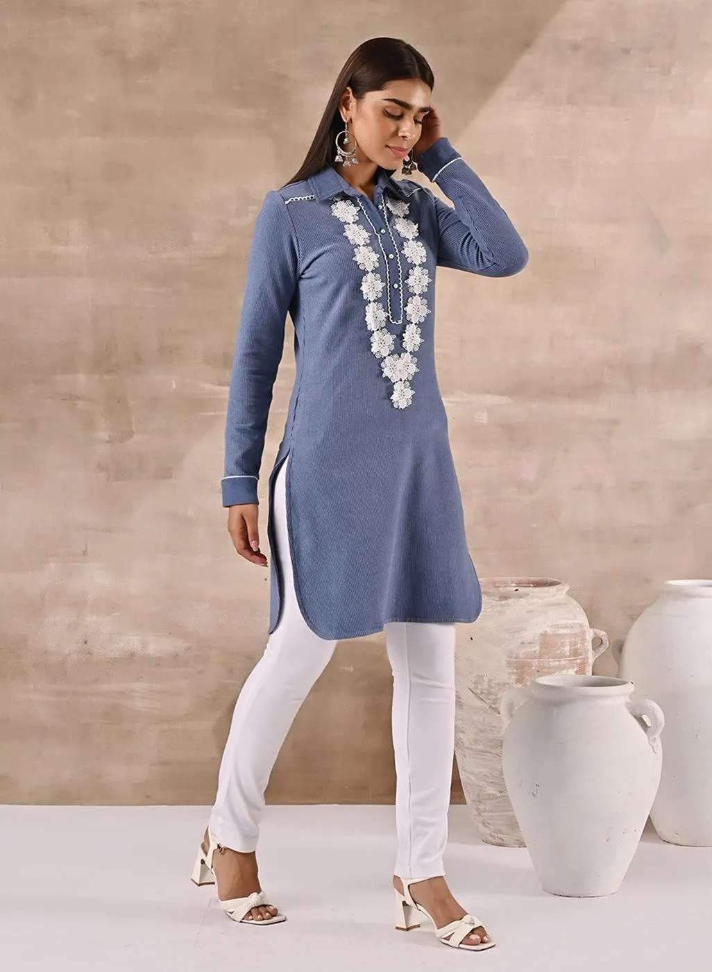 Blue Full Sleeve Woolen Striped Kurti with Lace Work