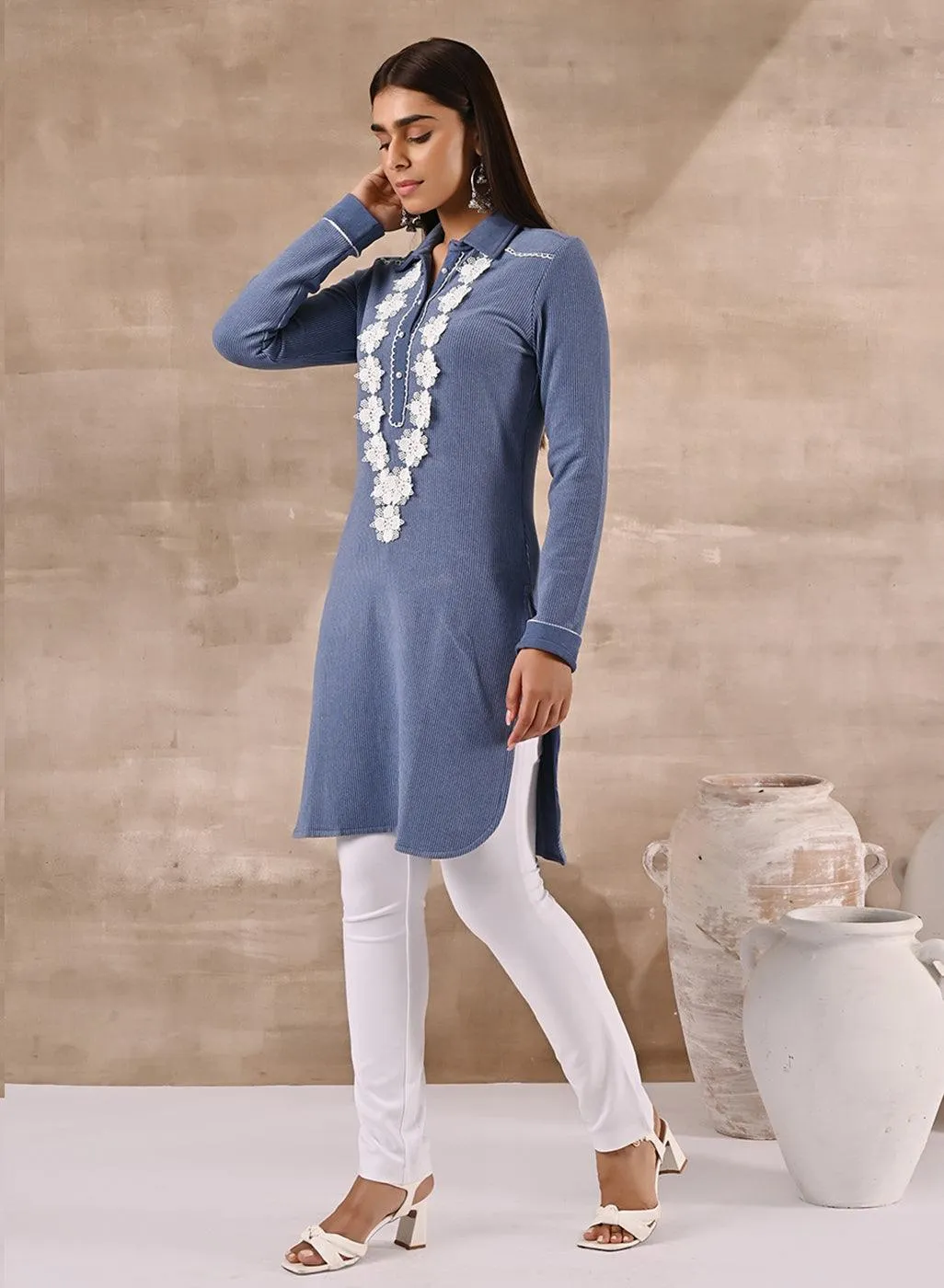 Blue Full Sleeve Woolen Striped Kurti with Lace Work