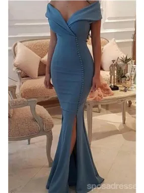 Blue Mermaid Off Shoulder V-neck Side Slit Long Prom Dresses Online,12650