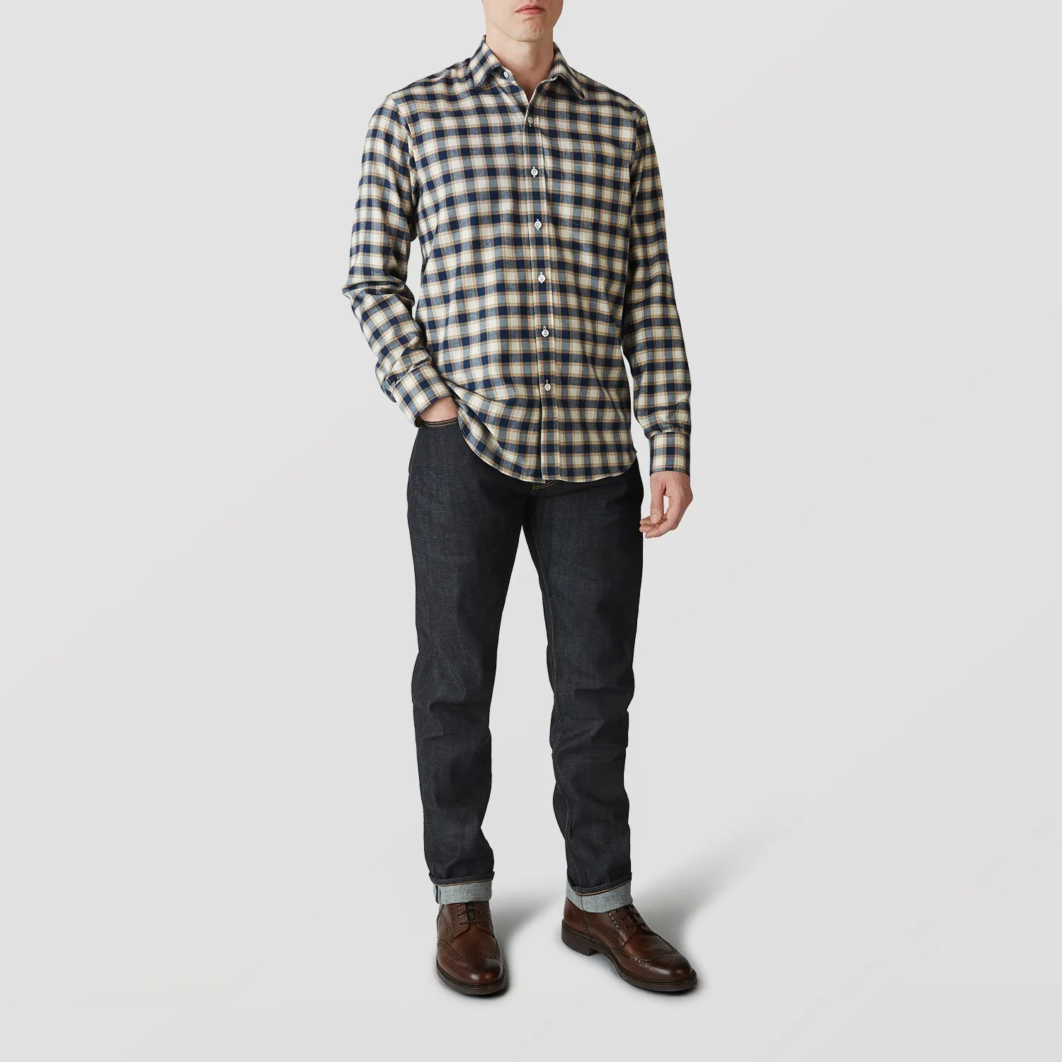 Blue Multi Check Weekend Fit Shirt with Derby Collar and 1-Button Cuffs