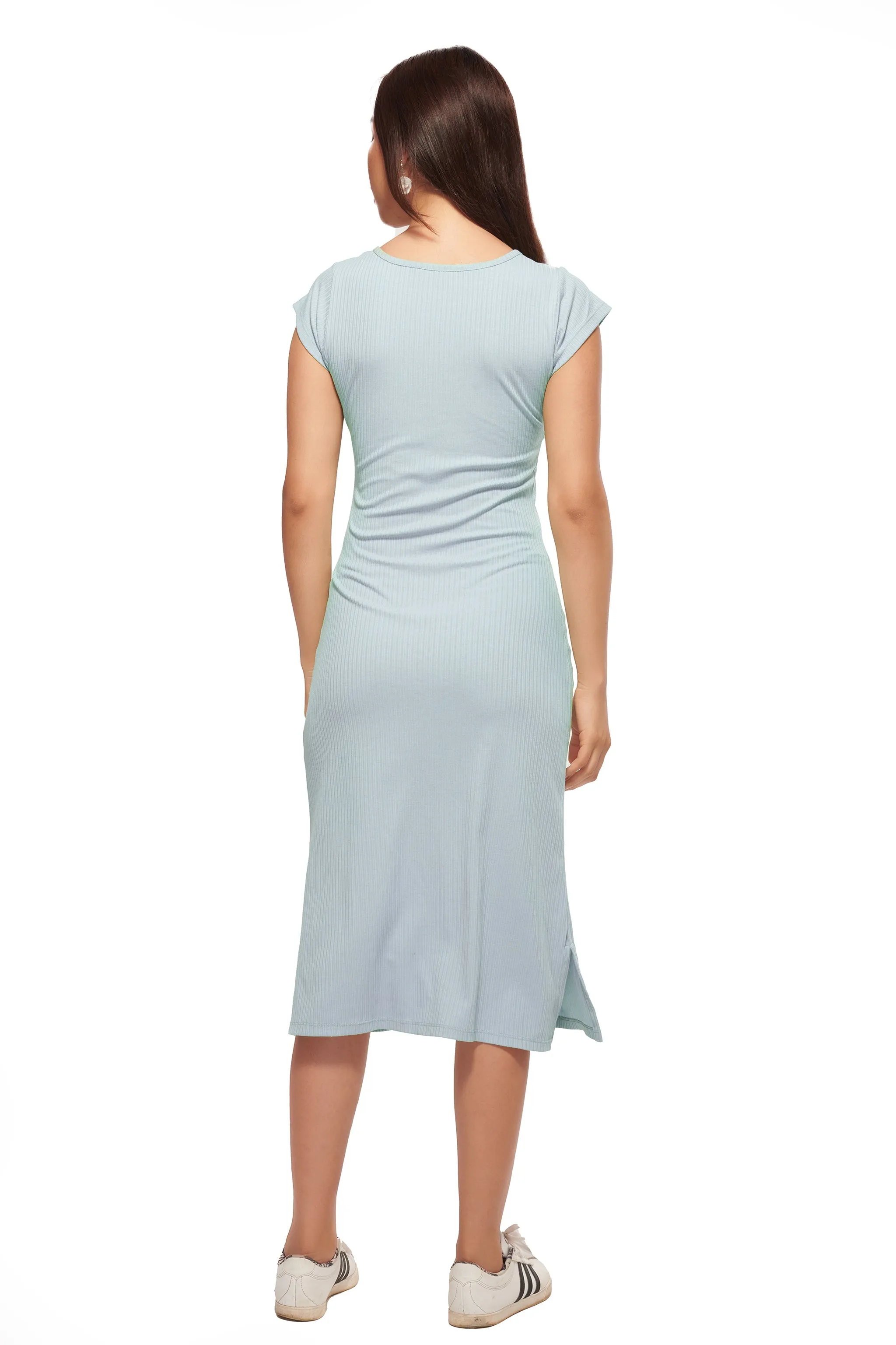 Blue Short Sleeve Midi Dress with Side Slits