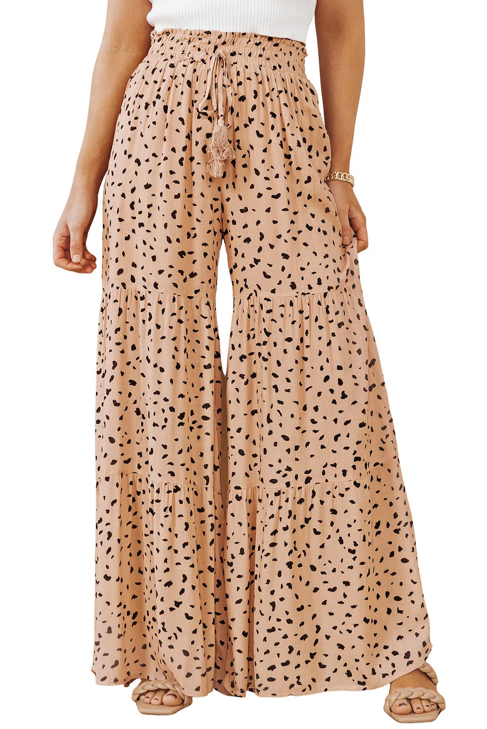 Brown Ruffle Wide Leg Dalmatian Palazzo Pants