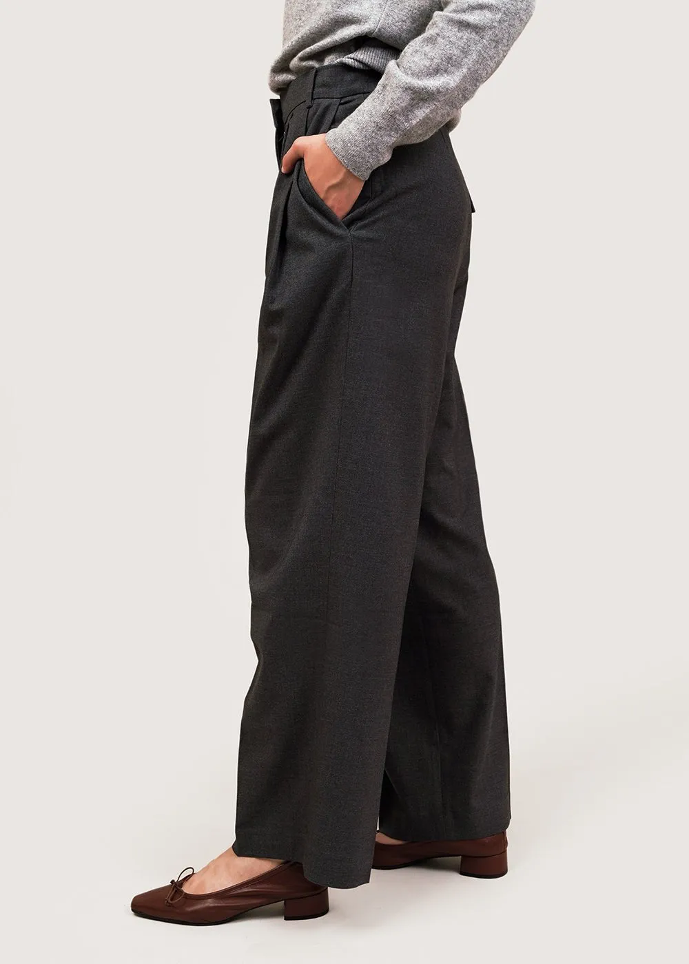 Charcoal Pleat Front Wide Leg Pants