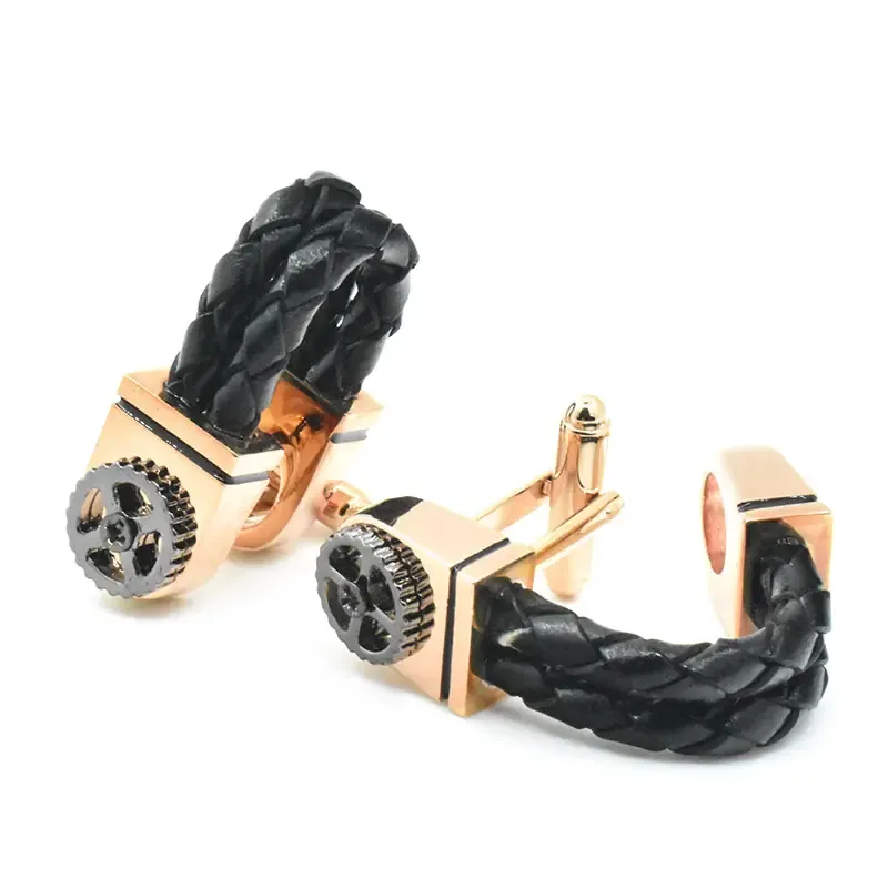 Chokore Braided Leather Cufflinks with Miniature Gear