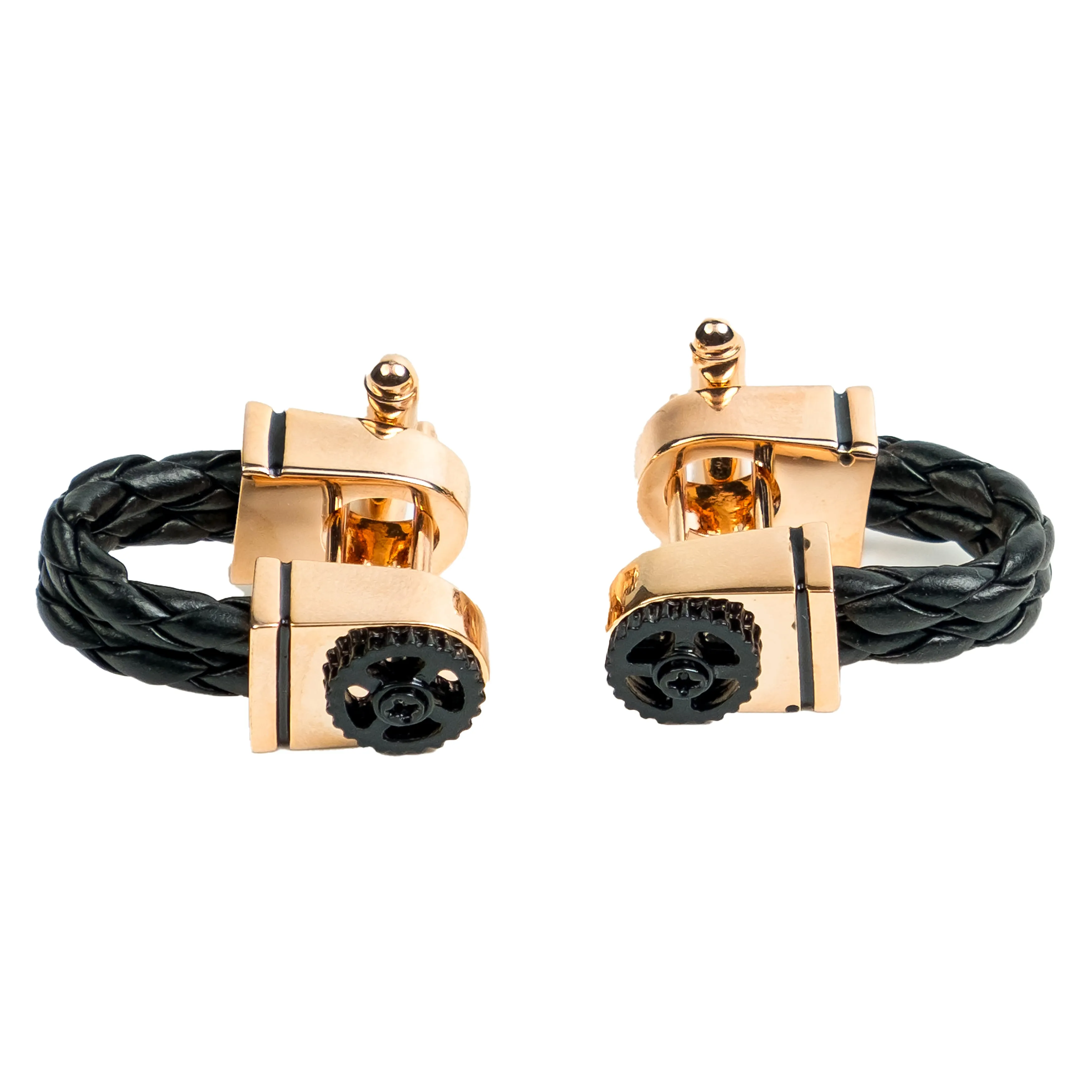 Chokore Braided Leather Cufflinks with Miniature Gear