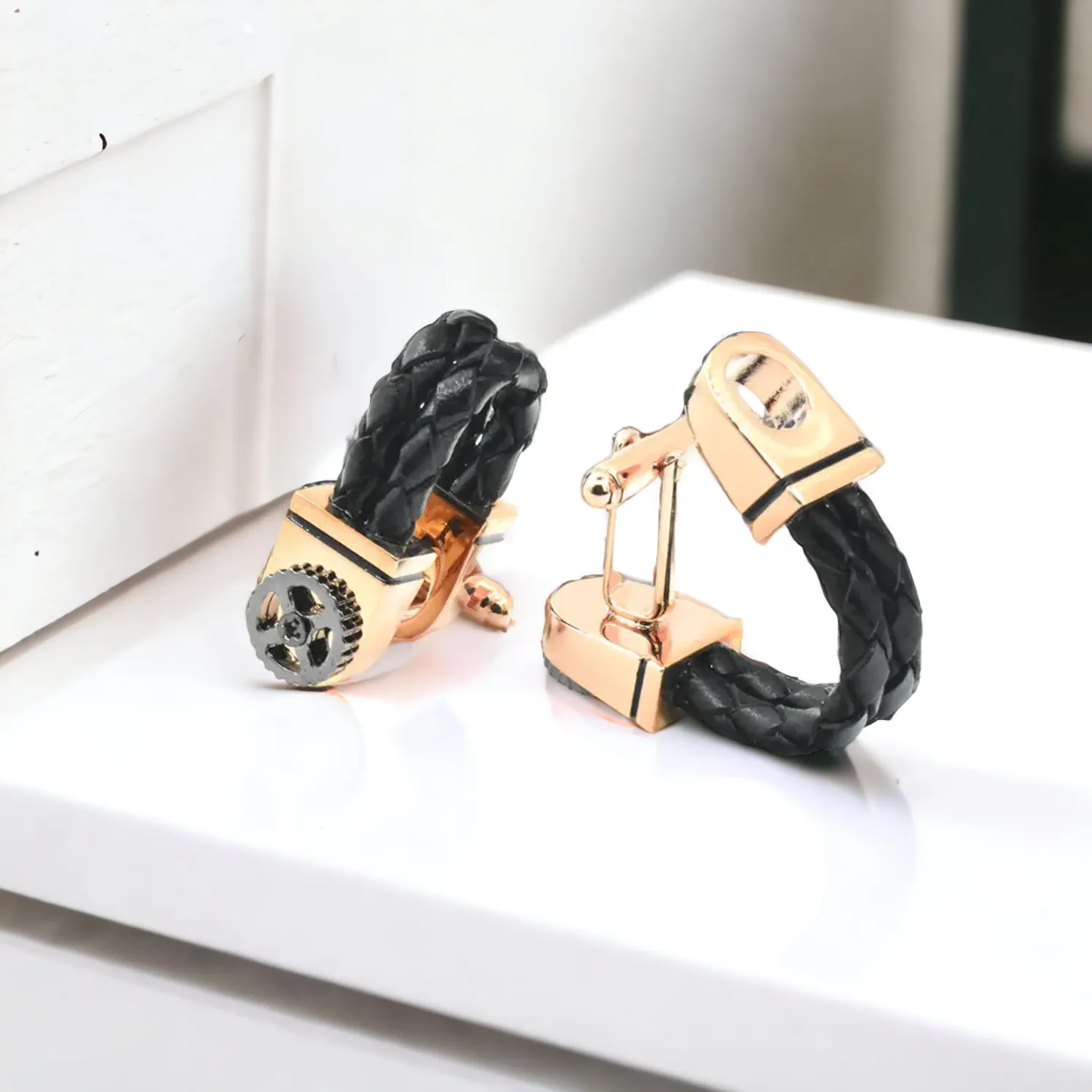 Chokore Braided Leather Cufflinks with Miniature Gear