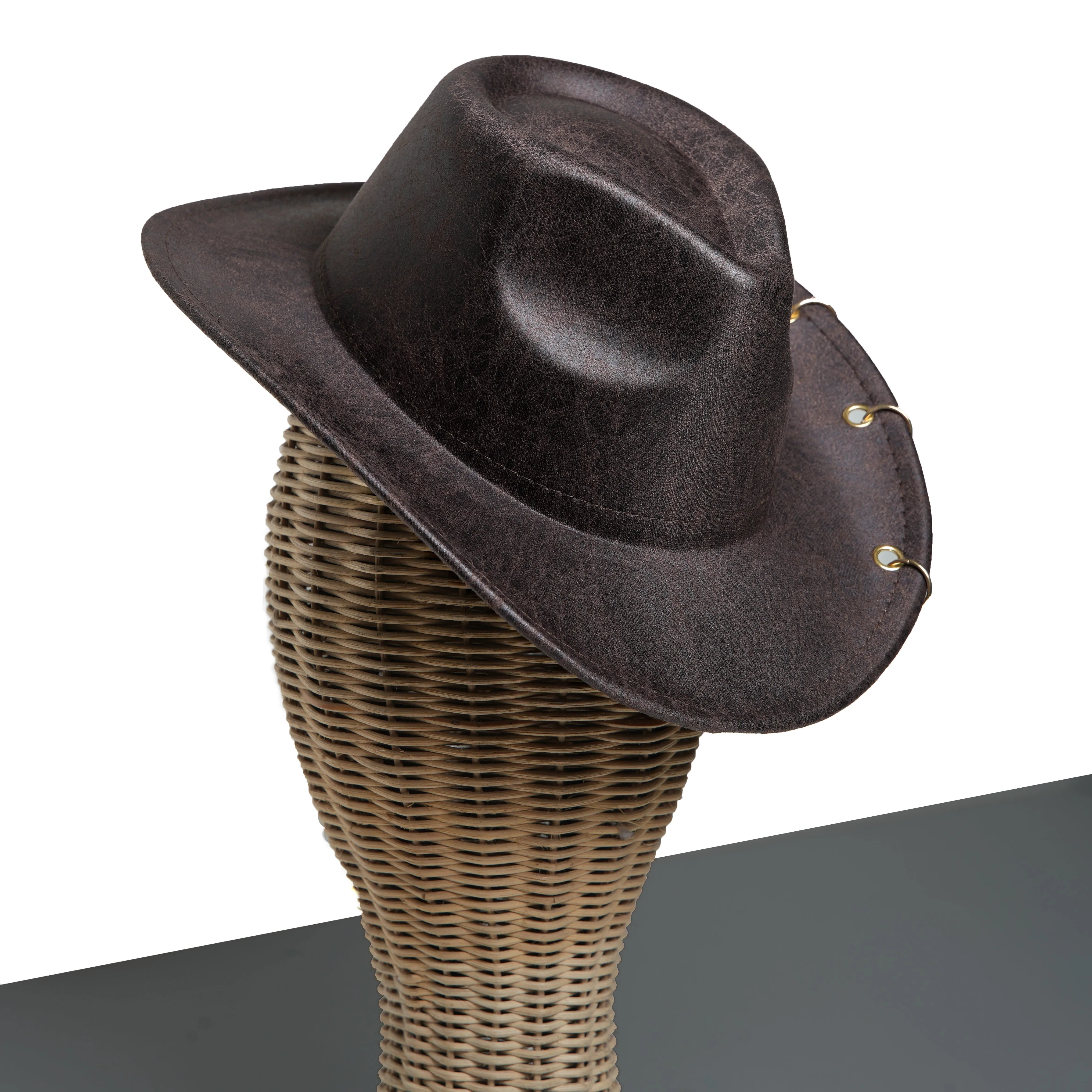 Chokore Leather Cowboy Hat with Metal Ring Details (Dark Brown)