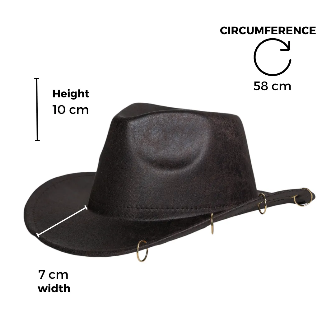 Chokore Leather Cowboy Hat with Metal Ring Details (Dark Brown)