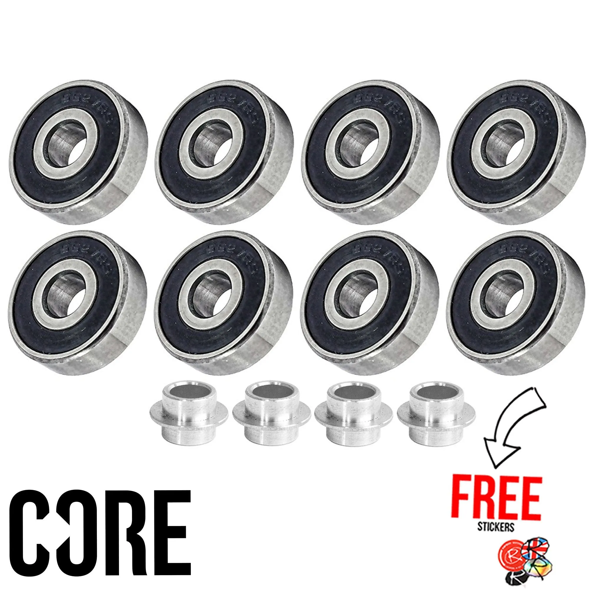 CORE Skateboard / Roller Derby Replacement Bearings Set 8 Pack, ABEC 7