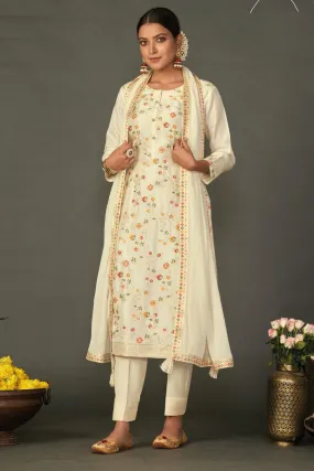 Cream Banarasi Silk Kurta Set with Dupatta