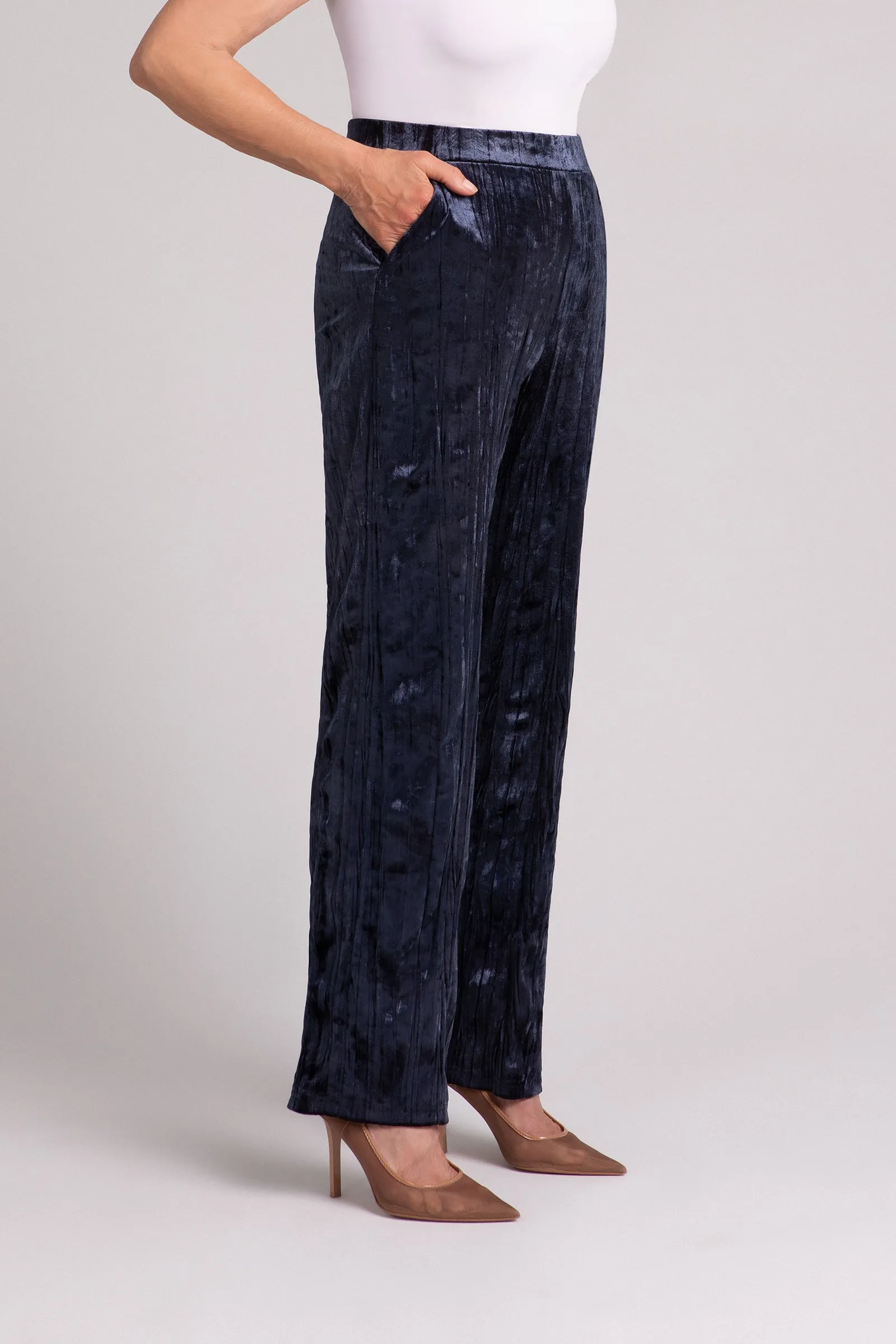 Crinkle Velvet Straight Leg Pant | Navy