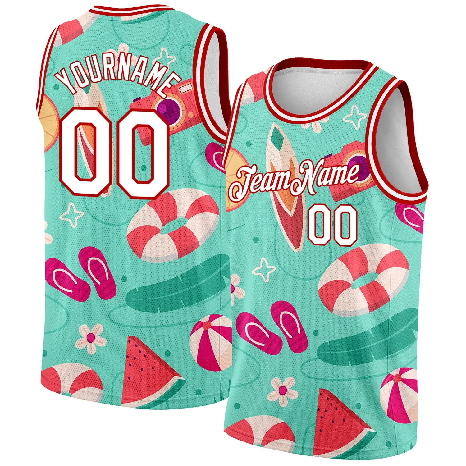 Custom Aqua White-Red 3D Pattern Tropical Hawaii Beach Authentic Basketball Jersey