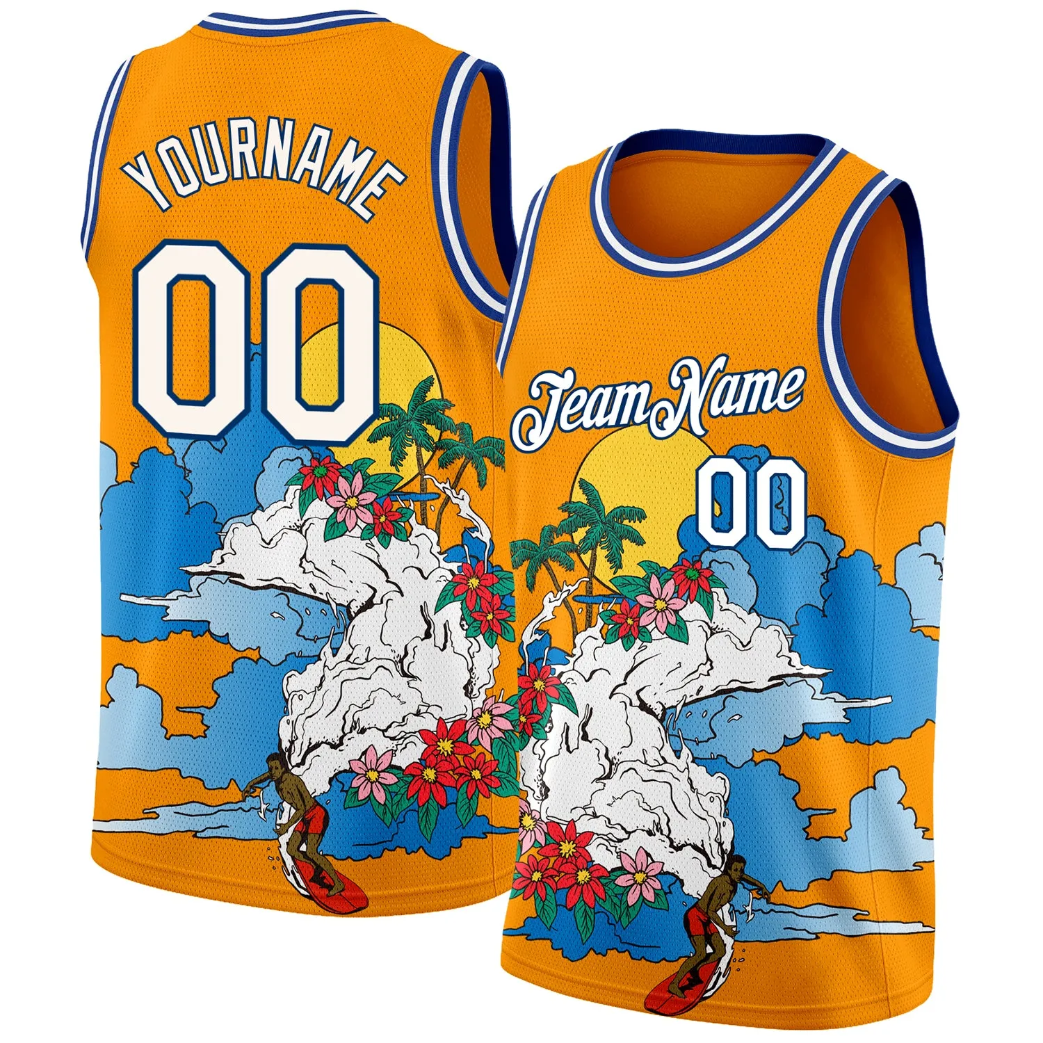 Custom Bay Orange White-Royal 3D Pattern Tropical Beach Hawaii Palm Trees Authentic Basketball Jersey