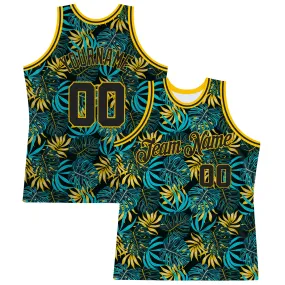 Custom Black Black-Gold 3D Pattern Tropical Hawaii Plants Authentic Basketball Jersey