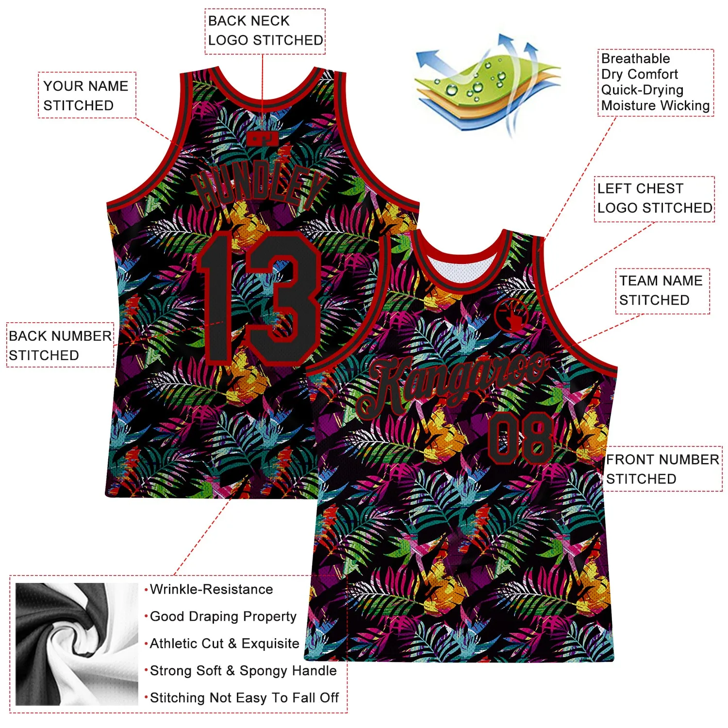 Custom Black Black-Red 3D Pattern Tropical Hawaii Palm Leaves Authentic Basketball Jersey