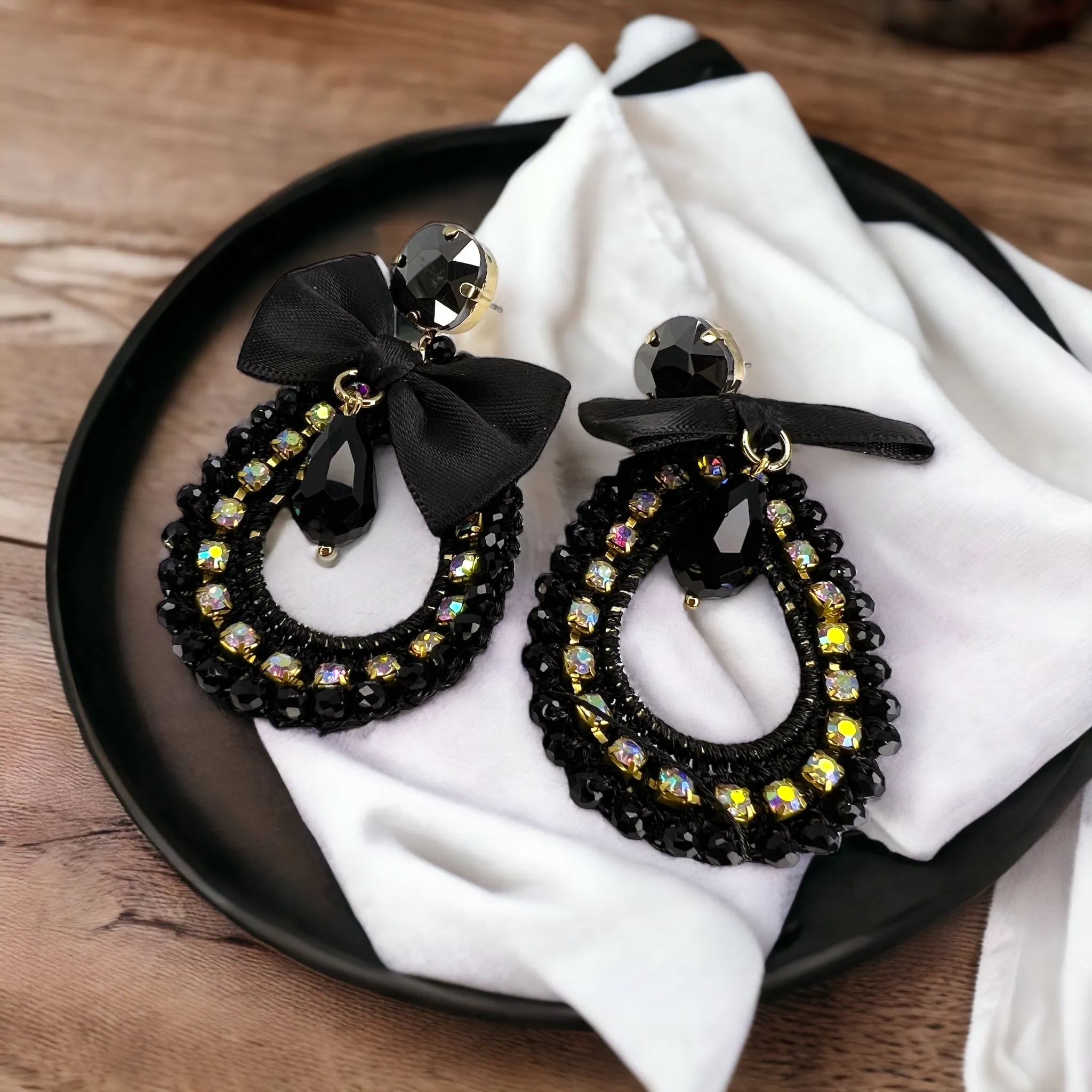 Derby Earrings - Black Earrings, Bachelorette Earrings, Bachelorette Accessories, Rhinestone Earrings