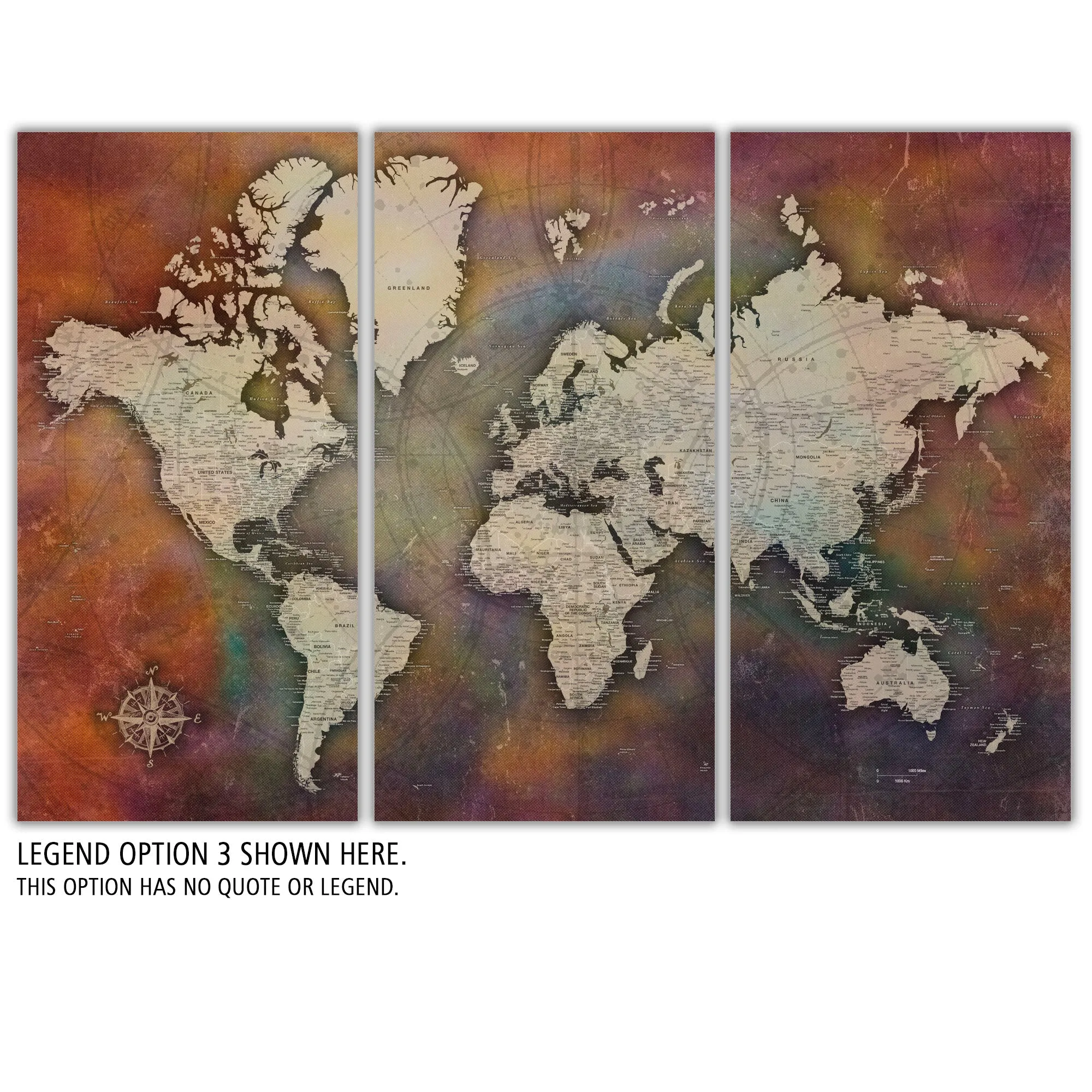 Detailed Collage Push Pin Travel Map - 3 Panel