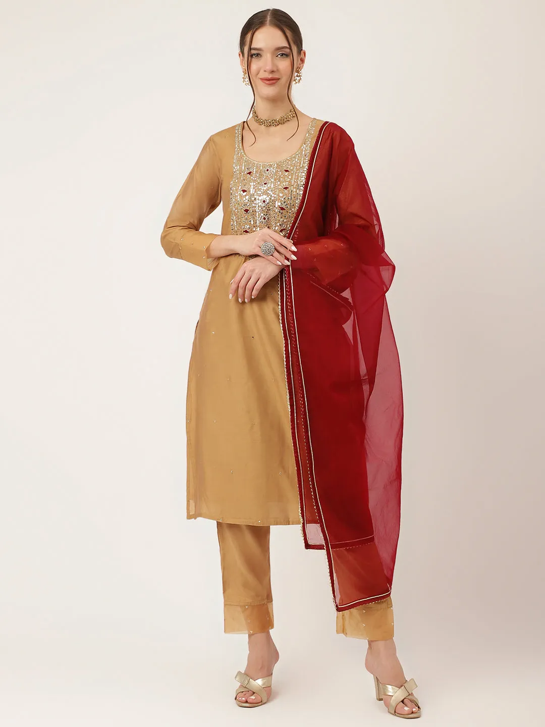 Divena Brown Embroidered Chanderi  Kurta, Trouser With Dupatta