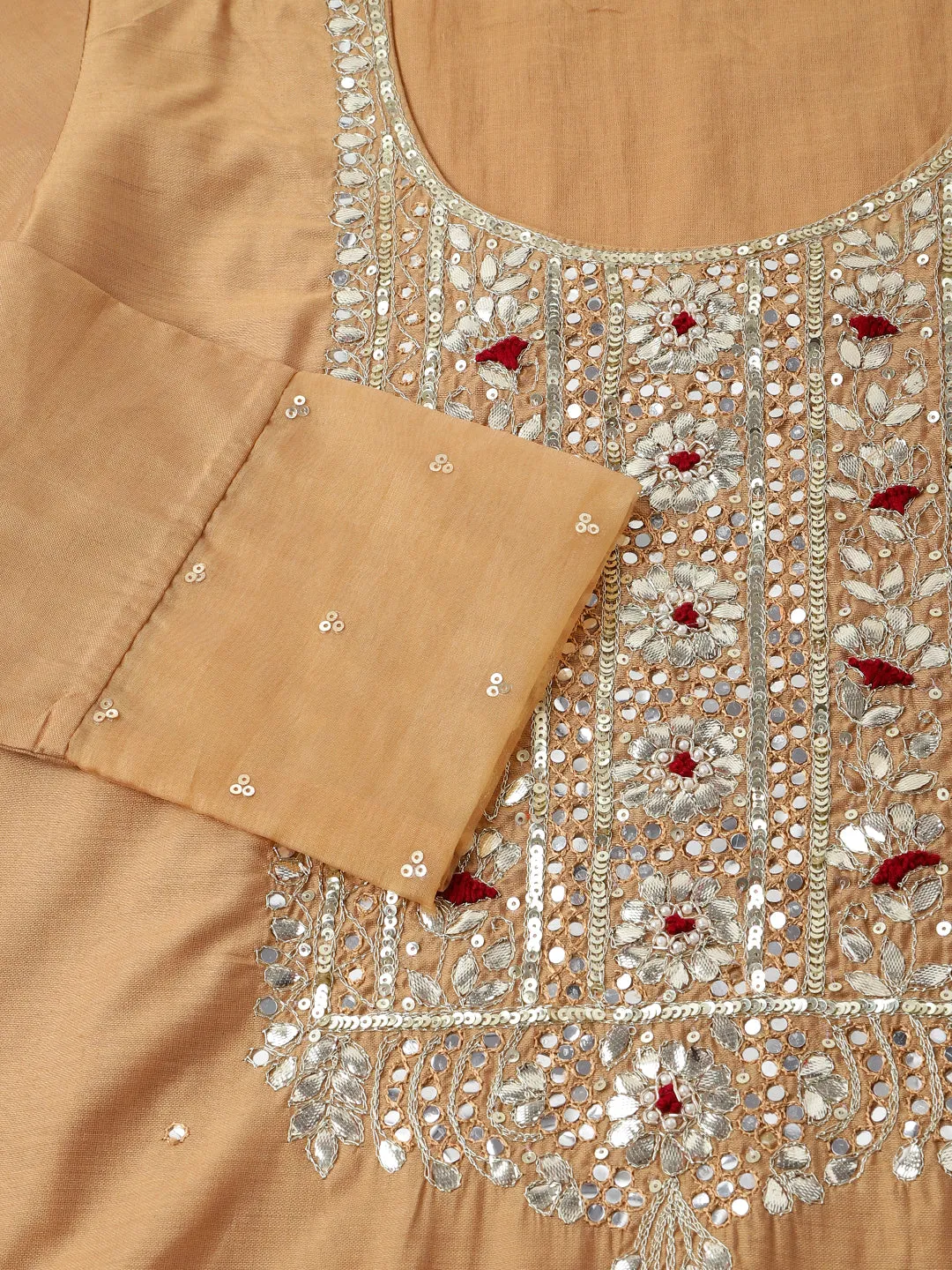 Divena Brown Embroidered Chanderi  Kurta, Trouser With Dupatta