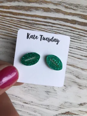 Emerald Green Football Sparkly Stud Acrylic Earrings