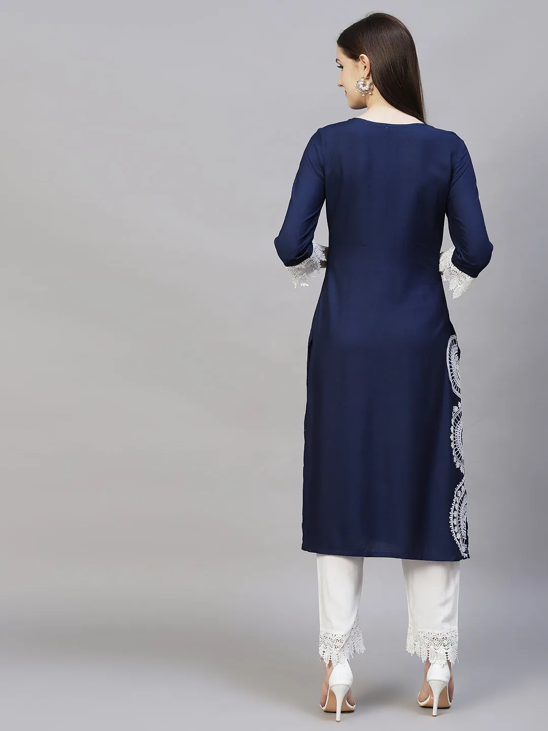 Ethnic Embroidered Straight Fit Kurta & Pants - Navy Blue