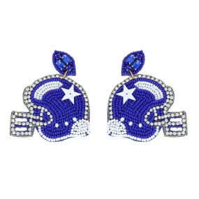 Game Day Seed Bead Football Helmet Earrings- Royal Blue & White