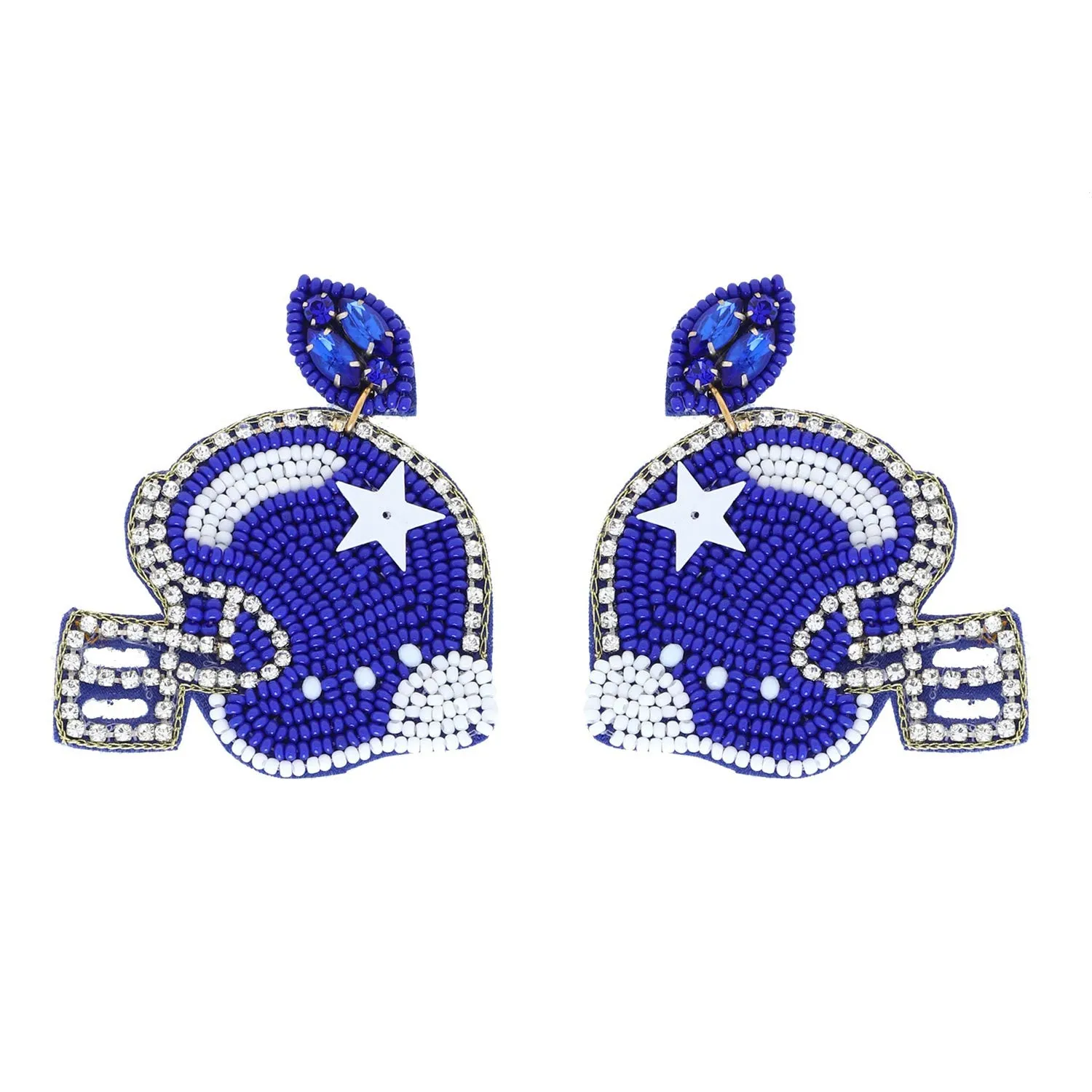 Game Day Seed Bead Football Helmet Earrings- Royal Blue & White