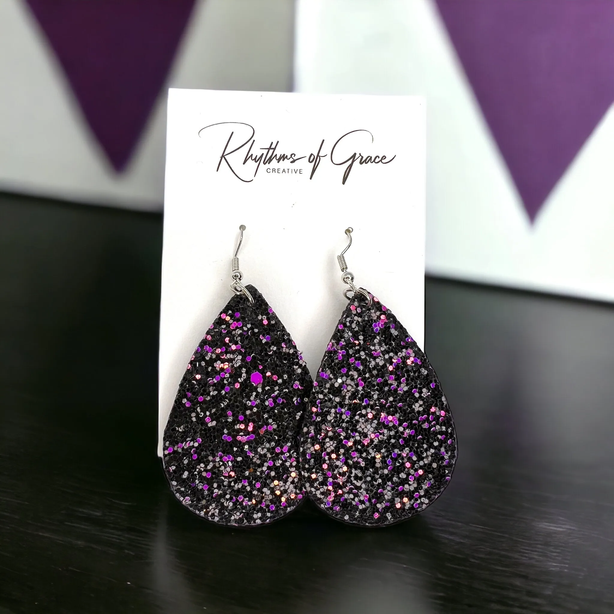 Glitter Earrings - Glitter Accessories, Purple Earrings, Teardrop Earrings, Purple and Black, Blue Glitter